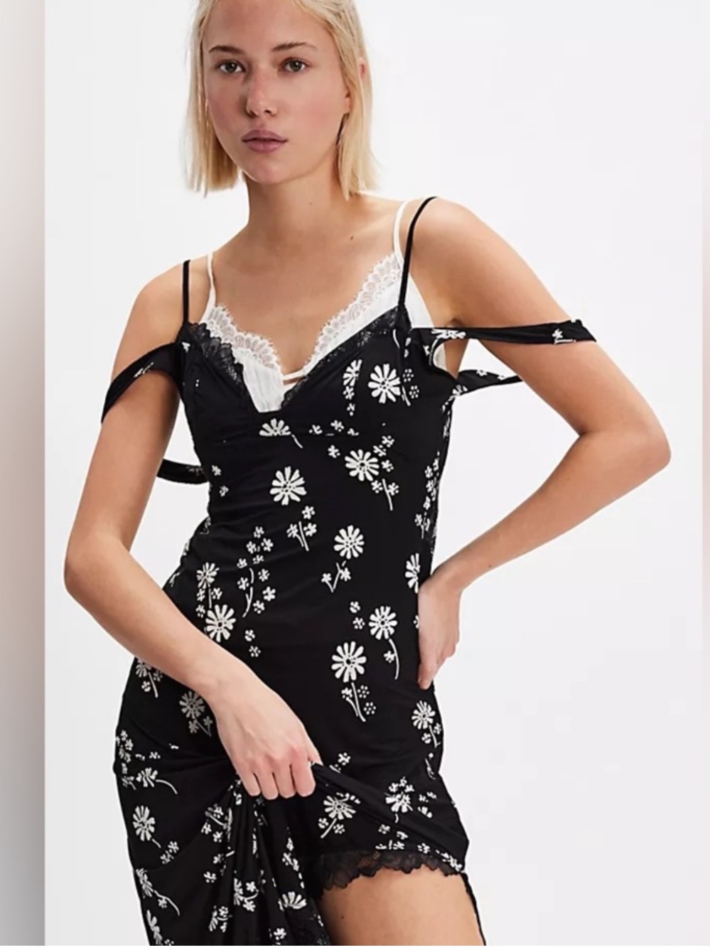 NWOT Free People Intimately Free Black Floral Slip Dress with Lace Trim M